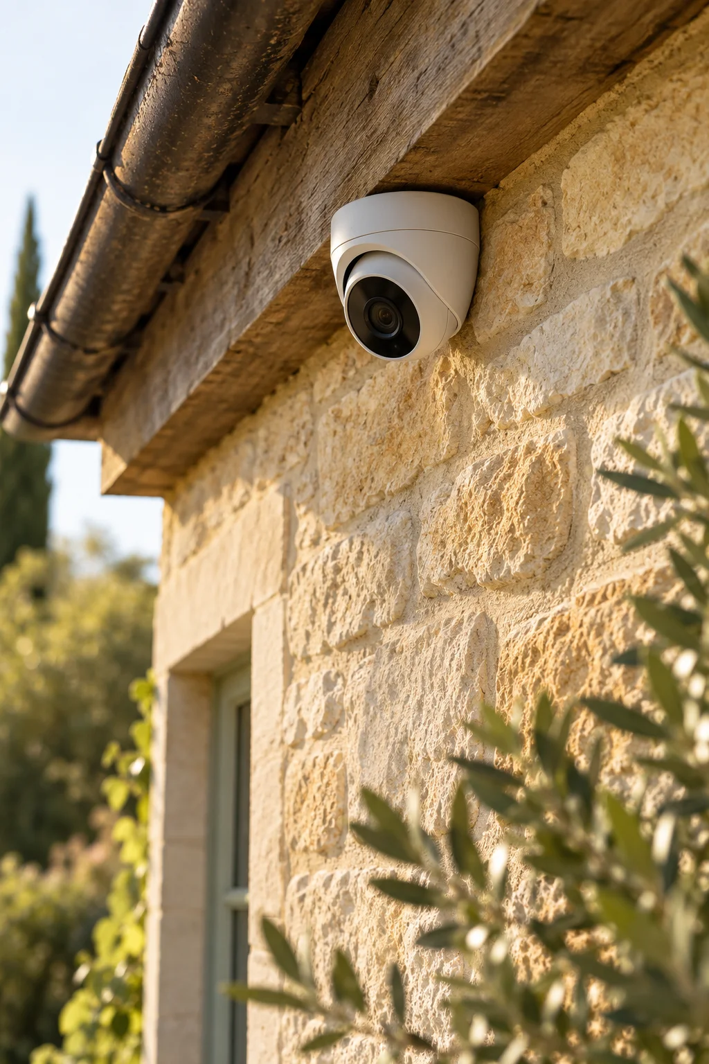 Close view of discreet security camera fitted against warm Cotswold limestone